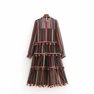Striped Long-sleeve Tiered Midi A-line Dress