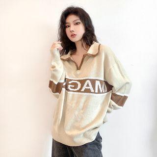 Lettering Print Half-zip Collared Sweater