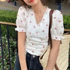V-neck Drawstring Cherry Print Top Top - As Figure - One Size