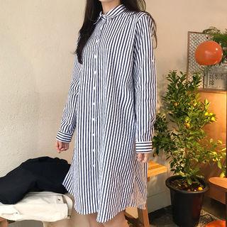 Tab-sleeve Slit-side Stripe Shirtdress