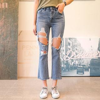 Cutout-distressed Boot-cut Jeans