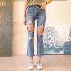 Cutout-distressed Boot-cut Jeans