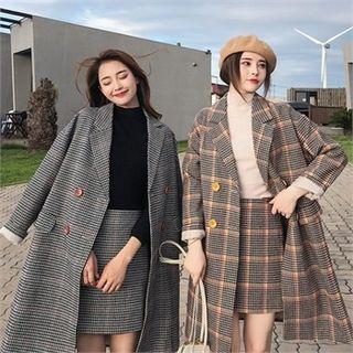 Set: Double-breasted Plaid Coat + A-line Skirt