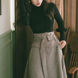 Set: Mock-neck Ribbed Knit Top + Buckled Midi A-line Skirt