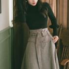 Set: Mock-neck Ribbed Knit Top + Buckled Midi A-line Skirt