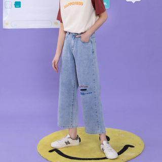 Embroidered Washed Cropped Wide Leg Jeans