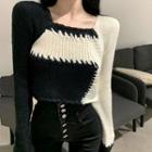 Long-sleeve Square-neck Color Block Knit Top