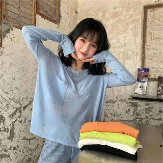 Plain Pocket Long-sleeve Knit Top / Belt