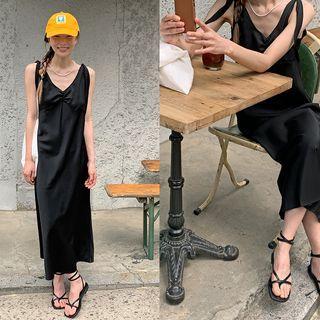 Tie-shoulder Satin Long Spaghetti Strap Dress Black - One Size