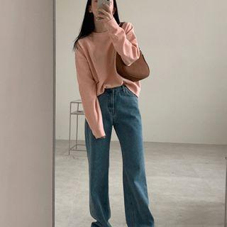 Round-neck Plain Knit Top Pink - One Size