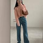 Round-neck Plain Knit Top Pink - One Size
