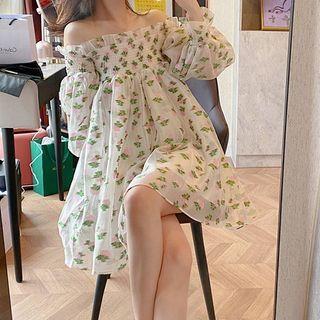 Puff-sleeve Off Shoulder Floral Print Dress White - One Size