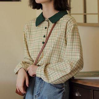 Plaid Long-sleeve Blouse Yellow - One Size