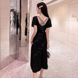 Short-sleeve Glitter Midi A-line Dress