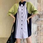 Elbow-sleeve Color Block Striped Panel Shirt