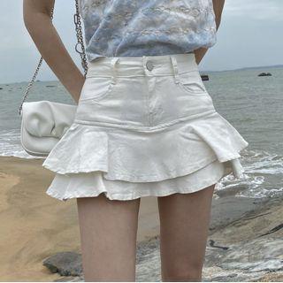 Layered Denim Mini A-line Skirt
