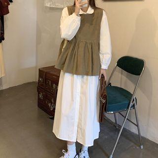Long-sleeve Collared Midi A-line Dress / Tie-side Corduroy Vest