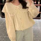 Long-sleeve Wide-collar Lace Trim Blouse