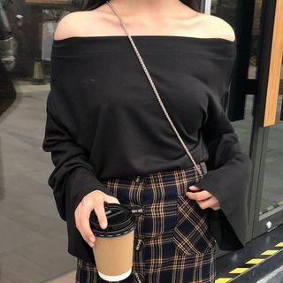 Long-sleeve Asymmetric Hem T-shirt Black - One Size