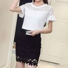Set: Crew-neck Short-sleeve Top + Lace Pencil Skirt