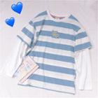 Mock Two-piece Striped Long-sleeve T-shirt Blue - One Size
