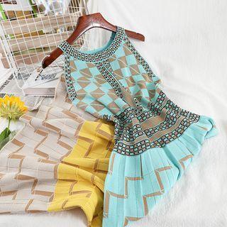 Sleeveless Pattern Midi A-line Knit Dress Mint Green - One Size