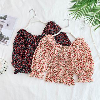 Cherry Print Balloon-sleeve Chiffon Top