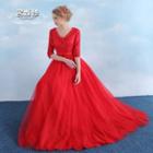 3/4-sleeve Lace Evening Gown