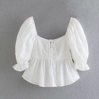 Puff-sleeve Tie-front Frill Trim Crop Top