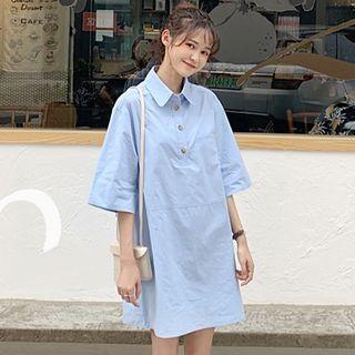 Elbow-sleeve Mini Shirtdress Blue - One Size