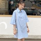Elbow-sleeve Mini Shirtdress Blue - One Size