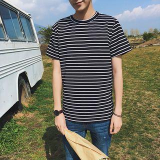 Short-sleeve Floral Print Crewneck Striped T-shirt