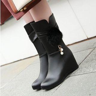 Pom Pom Hidden Wedge Mid-calf Boots