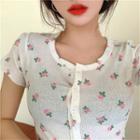 Floral Short-sleeve Slim-fit Knit Top White - One Size
