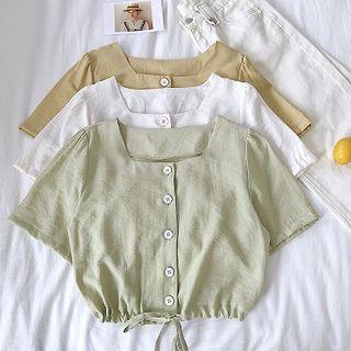 Plain Single-breasted Square-neck Lace-up Short-sleeve Top