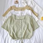 Plain Single-breasted Square-neck Lace-up Short-sleeve Top