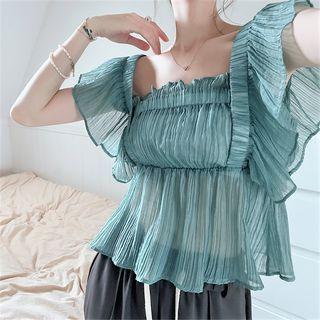 Sleeveless Square-neck Ruffle Top Blue - One Size
