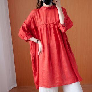 Long-sleeve Frill Trim Tunic Blouse Red - One Size