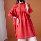 Long-sleeve Frill Trim Tunic Blouse Red - One Size
