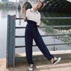 Elbow-sleeve Collar Two-tone Jumpsuit