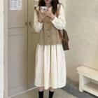 Long-sleeve Collared Drawstring Midi A-line Dress / Cable-knit Button-up Vest