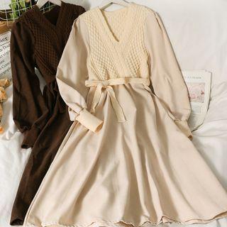 Two-tone V-neck Midi Dress With Sash