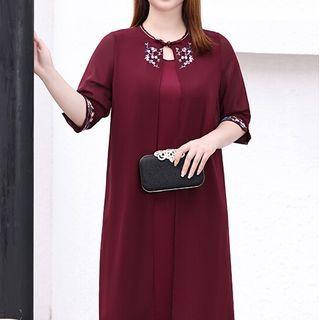 Mock Two-piece Elbow-sleeve Floral Chiffon Midi Dress