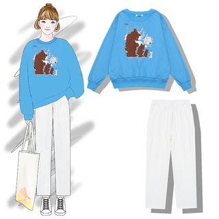 Bear Print Pullover / Elastic Waist Straight Cut Pants