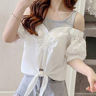 Mock Two-piece Short-sleeve Cold Shoulder Tie-waist Top