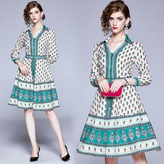 3/4-sleeve Printed Zip-up A-line Dress