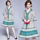 3/4-sleeve Printed Zip-up A-line Dress