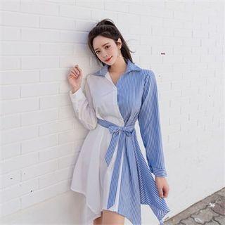 Asymmetric-hem Color-block Shirtdress