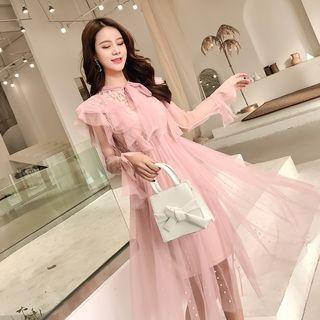 Set: Spaghetti Strap Dress + Long-sleeve Lace Embroidered Midi Dress