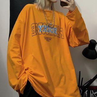Lettering Oversize Long-sleeve T-shirt Tangerine - One Size